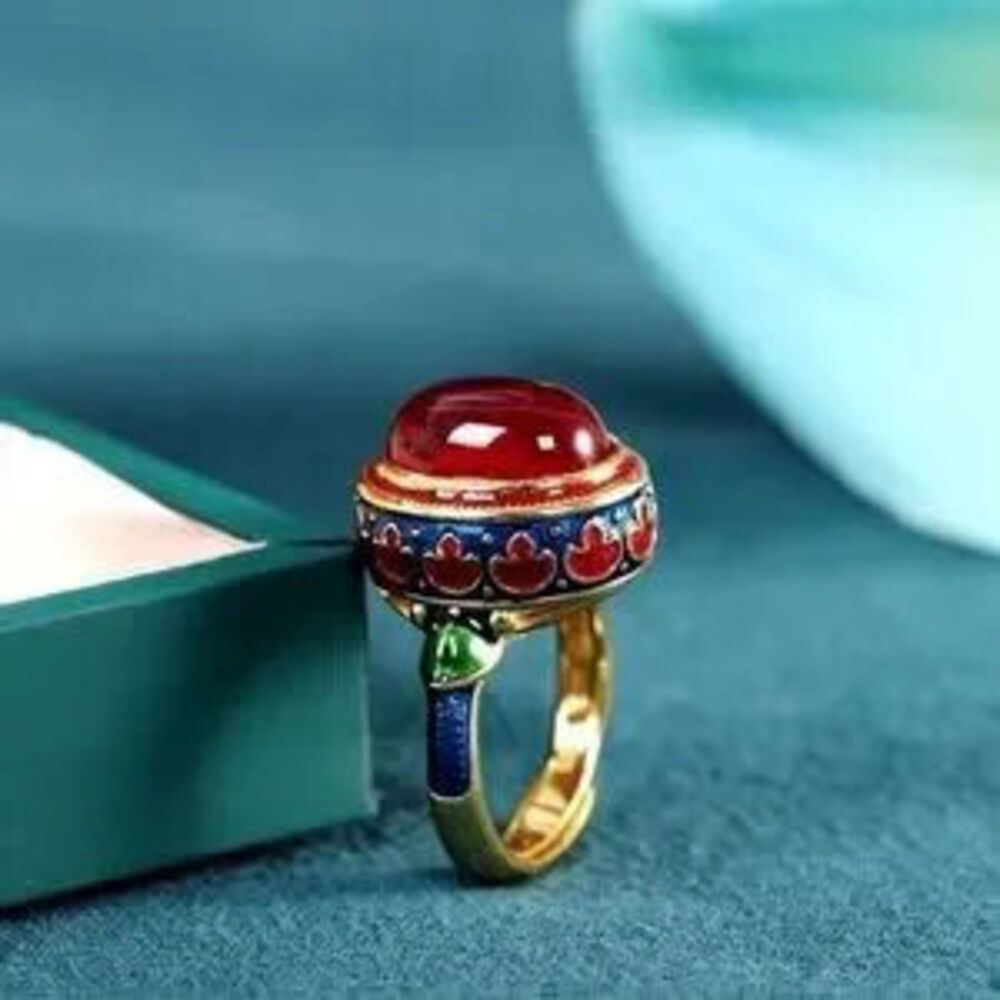 Anthropologie Ethnic Vintage Red Cabochon Enamel Ring Minimalist - Picture 5 of 5